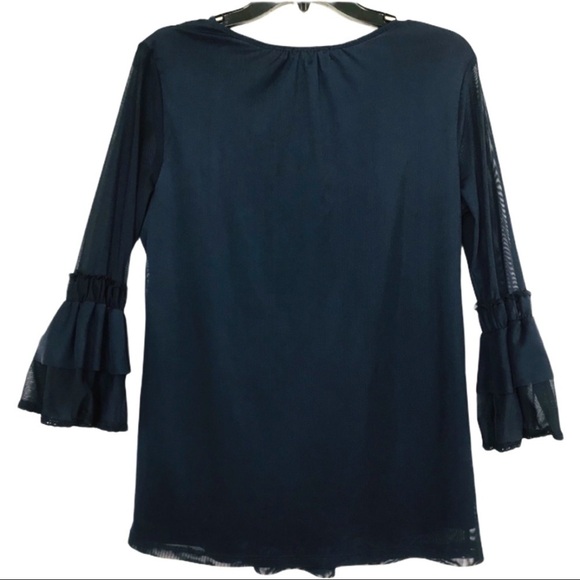 Verve Ami Navy Blue Boho Ruffle Long Sleeve Sleeve Sheer Flowy Tunic Size Medium - Picture 2 of 7